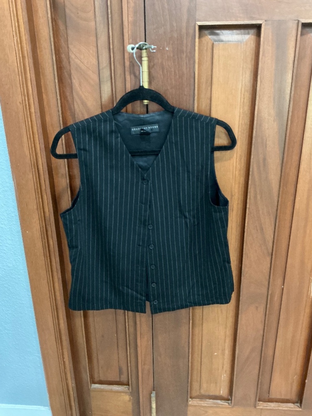Geoffrey Beene: Black Pinstripe Tailored V-Neck Vest Top